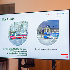 Ein Bildschirm in einem Konferenzraum mit Informationen zur Veranstaltung. t