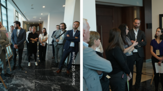 Zwei Fotos, die Menschen zeigen, die sich auf der IKI Projekt-Messe austauschen.