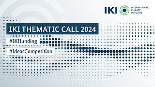 Announcement for the IKI Thematic Call 2024, highlighting the hashtags #IKIfunding and #IdeasCompetition. The image includes a wave-like arrangement of blue dots and the IKI logo, representing the International Climate Initiative, in the top right.