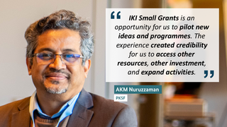 A professional portrait of AKM Nuruzzaman, smiling in a suit, next to a quote highlighting how IKI Small Grants helped PKSF pilot ideas and gain credibility.