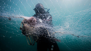 Diver in scuba gear holding a large fishing net underwater