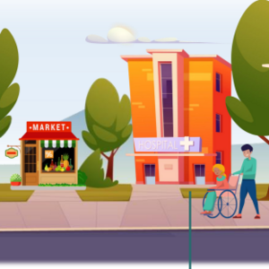 Illustration of an environmentally friendly city. Four enlarged circles show sustainable solutions: a roof with plants, a system for rainwater drainage through vegetation, a group of people tending a garden together and a hospital.