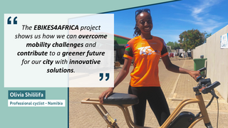 A smiling woman in an orange jersey stands with an e-bike next to a quote about the EBikes4Africa project promoting sustainable mobility.