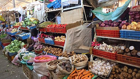 Marktstand mit verschiedenen Gemüsesorten wie Karotten, Knoblauch, Zwiebeln, Kartoffeln und Tomaten in Kisten und Säcken unter einem überdachten Marktbereich