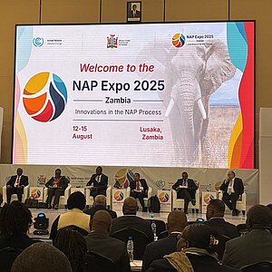 Podiumsdiskussion bei der NAP Expo 2025 in Lusaka, Sambia, mit sechs Redner*innen auf der Bühne und einer großen Leinwand im Hintergrund, die das Veranstaltungsthema zeigt.