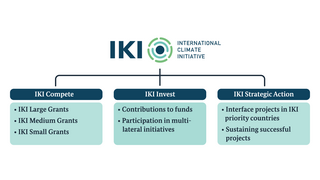 Infographic showing funding instruments of the International Climate Initiative (IKI) with three categories: IKI Compete, IKI Invest, and IKI Strategic Action, each with bullet points.