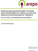 Cover "Zusammenfassung der Zwischenevaluation "Förderung naturbasierter Lösungen für eine resiliente, kohlenstoffarme und biodiverse territoriale Entwicklung (SolNatura)""
