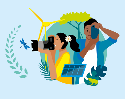 Illustration for the 2025 IKI photo contest with the slogan "Focus. On Climate Action." Two people are taking photos of climate-friendly elements, including a wind turbine, solar panel, and plants. The image promotes the International Climate Initiative (IKI) photo contest.