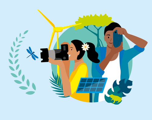 Illustration for the 2025 IKI photo contest with the slogan "Focus. On Climate Action." Two people are taking photos of climate-friendly elements, including a wind turbine, solar panel, and plants. The image promotes the International Climate Initiative (IKI) photo contest.