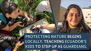 Video thumbnail: collage – on the left young people photograph in nature with a DSLR camera, on the right a portrait of the video’s protagonist against blurred buildings.