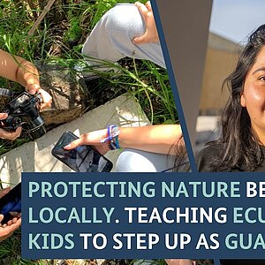 Video thumbnail: collage – on the left young people photograph in nature with a DSLR camera, on the right a portrait of the video’s protagonist against blurred buildings.