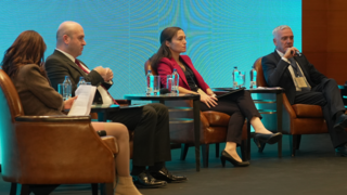 Ein Panel von Expertinnen und Experten en diskutiert auf einer Bühne.