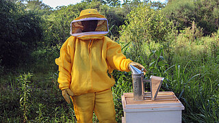 Person in gelbem Imkeranzug steht neben einem Bienenstock und hält einen Smoker in der Hand