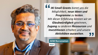 Ein professionelles Porträt von AKM Nuruzzaman im Anzug, lächelnd, neben einem Zitat, das beschreibt, wie IKI Small Grants PKSF dabei half, neue Ideen zu erproben und Glaubwürdigkeit zu gewinnen.