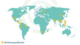 Eine Weltkarte mit grünen Kontinenten und gelben Markierungen für die IKI-Schwerpunktländer
