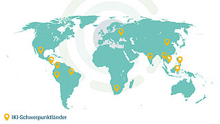 A world map with green continents and yellow markings for the IKI focus countries