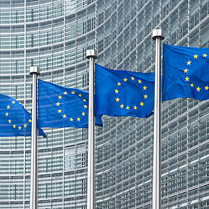 5 Europa-Flaggen stehen vor einem Hochhaust