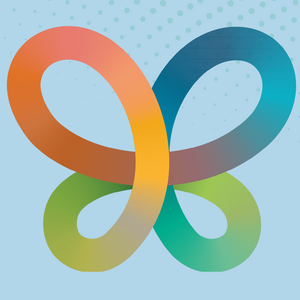 • A colourful, loop-shaped logo resembling a butterfly or an infinity symbol, featuring smooth gradients from orange to blue and green. In the bottom right corner, the dark blue lettering "IKI" is displayed next to a circular icon made of concentric arches. The background is light blue with a subtle dot pattern at the top.