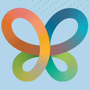 Ein buntes, schleifenförmiges Logo in Form eines Schmetterlings oder einer Endlosschleife mit fließenden Farbverläufen von Orange über Blau nach Grün. Unten rechts befindet sich der dunkelblaue Schriftzug „IKI“ neben einem kreisförmigen Symbol aus konzentrischen Bögen. Der Hintergrund ist hellblau mit einem dezenten Punktmuster im oberen Bereich.
