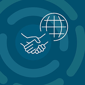 A graphic with a globe and two hands shaking.