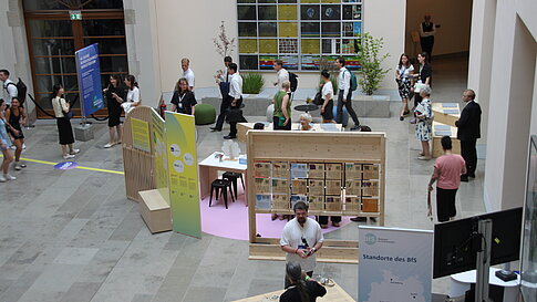 Innenhof mit mehreren Menschen und verschiedenen Ausstellungsständen oder Installationen