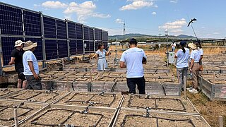 Gruppe von Menschen steht auf einem Feld mit rechteckigen, mit Erde gefüllten Beeten und Solarpaneelen im Hintergrund