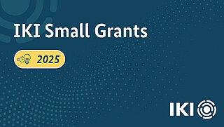 Dark blue background with a blue dot pattern. The text "IKI Small Grants" can be seen in large letters. There is also a yellow banner underneath with the designation "2025" and a corresponding icon.