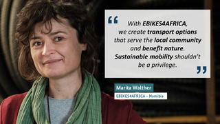 Woman smiling gently at the camera, with a text box beside her stating that EBIKES4AFRICA provides mobility solutions that benefit nature and local communities, and that sustainable mobility should not be a privilege
