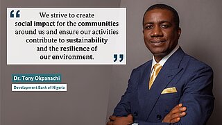 The image shows a man in a suit with a quote, which discusses promoting social changes and increasing the sustainability and resilience of the environment.