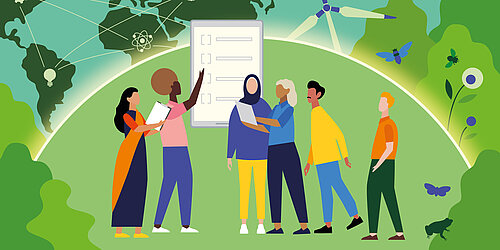 Illustration: fünf Personen diskutieren. Im Hintergrund sind eine Weltkarte, ein Winterrad, Natur zu sehen. 