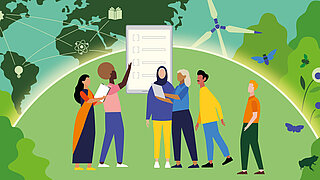 Illustration: fünf Personen diskutieren. Im Hintergrund sind eine Weltkarte, ein Winterrad, Natur zu sehen. 