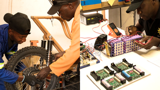 On the left, an e-bike is being assembled; on the right, a mechanic inspects the wiring of a battery pack using cables and measuring equipment.