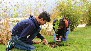 Two children planting a tree 