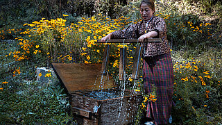 A woman demonstrates how bamboo, charcoal, and pebble filters work, with yellow margiolds in the background.