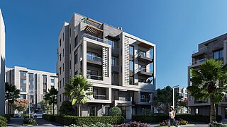 Rendering eines energieeffizienten Neubauprojektes. 