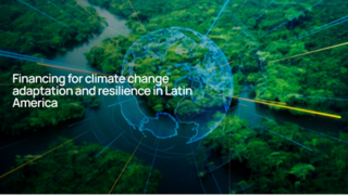 Globe with highlighted lines over a green forest landscape, text 'Financing for climate change adaptation and resilience in Latin America'.us mit hervorgehobenen Linien über einer grünen Waldlandschaft, Text 'Financing for climate change adaptation and resilience in Latin America'.Globus mit hervorgehobenen Linien über einer grünen Waldlandschaft, Text 'Financing for climate change adaptation and resilience in Latin America'.