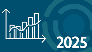 Grafik mit einer stilisierten, weißen Balken- und Liniendiagramm auf dunkelblauem Hintergrund. Das Diagramm zeigt eine aufsteigende Entwicklung. Rechts steht groß „2025“. Im Hintergrund sind transparente Kreise und Muster.