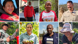 Collage mit Porträts von acht Personen in verschiedenen Umgebungen, darunter mehrere Personen in ländlichen oder landwirtschaftlichen Szenen.
