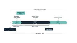 Process graphic of the application phase of the IKI Medium Grants. All information is explained in the text below the graphic.