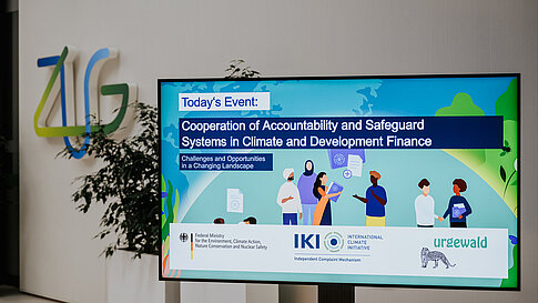 Screen with conference title and illustrations, next to the ZUG logo on the wall.