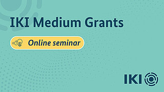 Turquoise background with a blue dot pattern. The text "IKI Medium Grants" can be seen in large letters. There is also a yellow banner underneath with the words "Online seminar" and a corresponding icon.