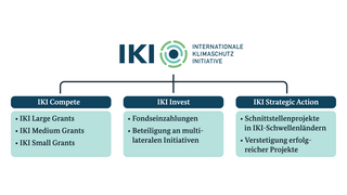 Infografik zeigt die Förderinstrumente der Internationalen Klimaschutz Initiative (IKI) mit drei Kategorien: IKI Compete, IKI Invest und IKI Strategic Action, jeweils mit Stichpunkten.