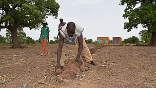 Man kneeling on dry field moving a large stone with two other people standing in the background under trees