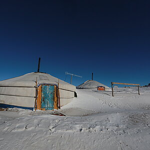 Image two yurts in the snow Project example