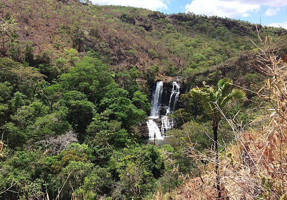 View of a forested valley with a waterfall at Itiquira protected area in the Cerrado; Photo: GIZ / Manuela Reinhard