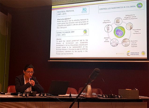 Nidia Pabón Tello from the Colombian Ministry of Environment and Sustainable Development MADS presenting the Colombian best practices in ODS bank management during the WRF 2017; photo: GIZ Proklima