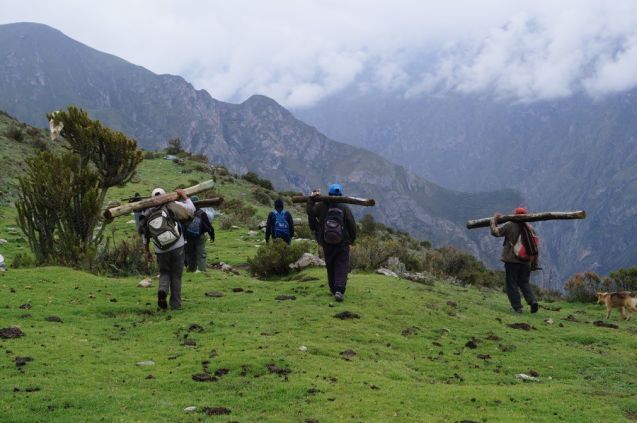 Miraflores, Peru: community members carry posts to build fences around grasslands that were restored by repairing an ancient water canal; Photo: TMI 