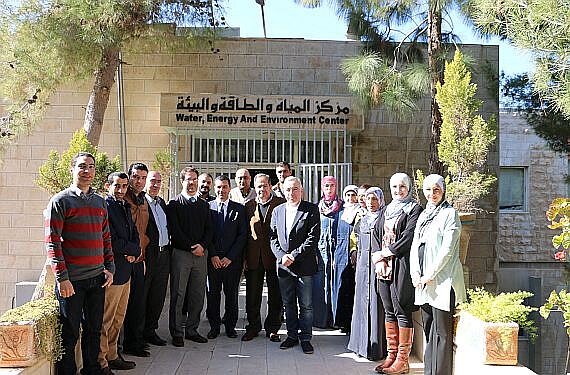 Participants of the training workshop standing in front of the entrance to the Energy and Environment Center at University of Jordan; Photo: The Water, Energy and Environment Center – The University of Jordan (JU-WEEC)